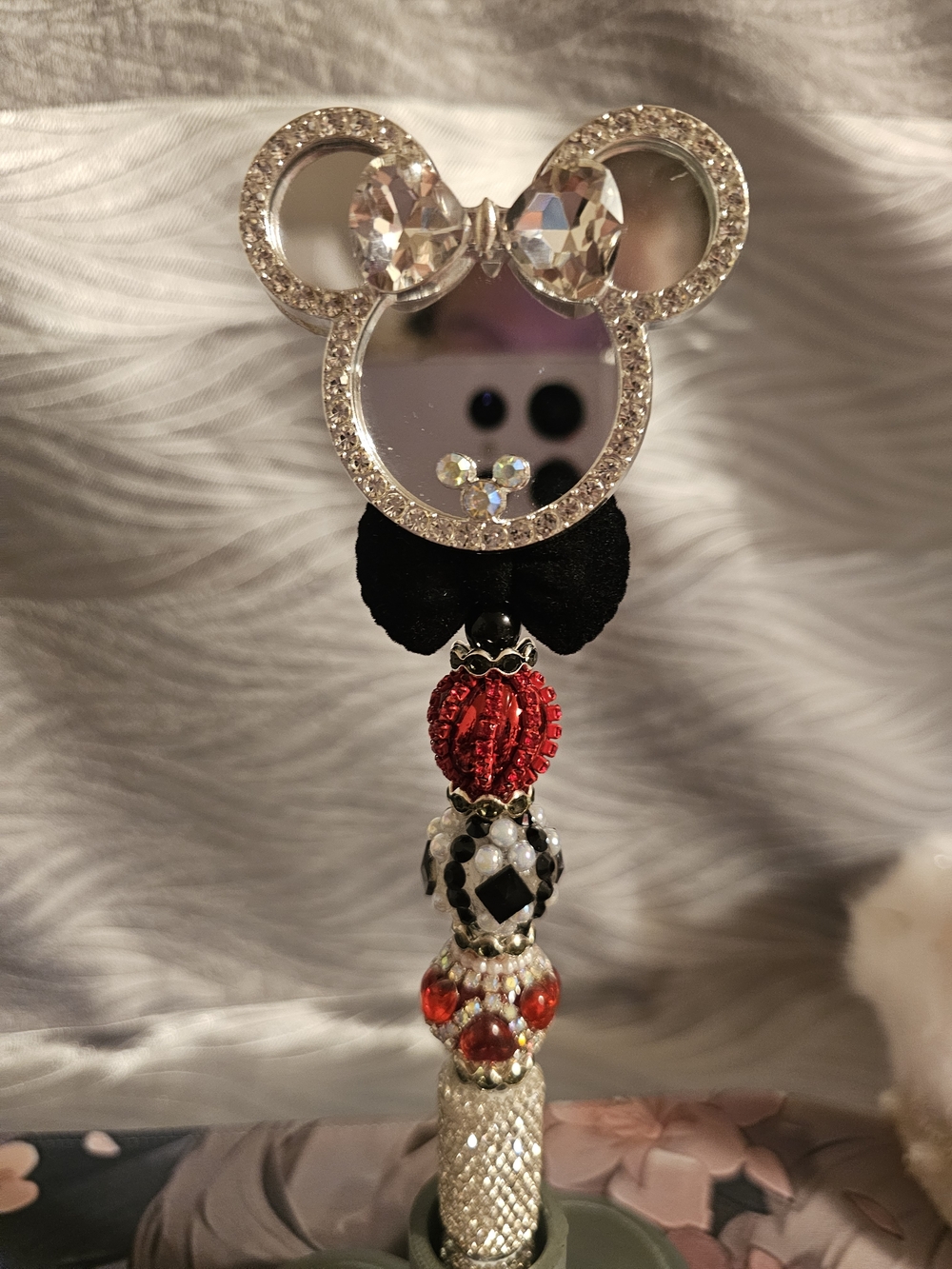 Crystal Minnie Ear Mirror Charm Keychain - Red, Black & Silver
